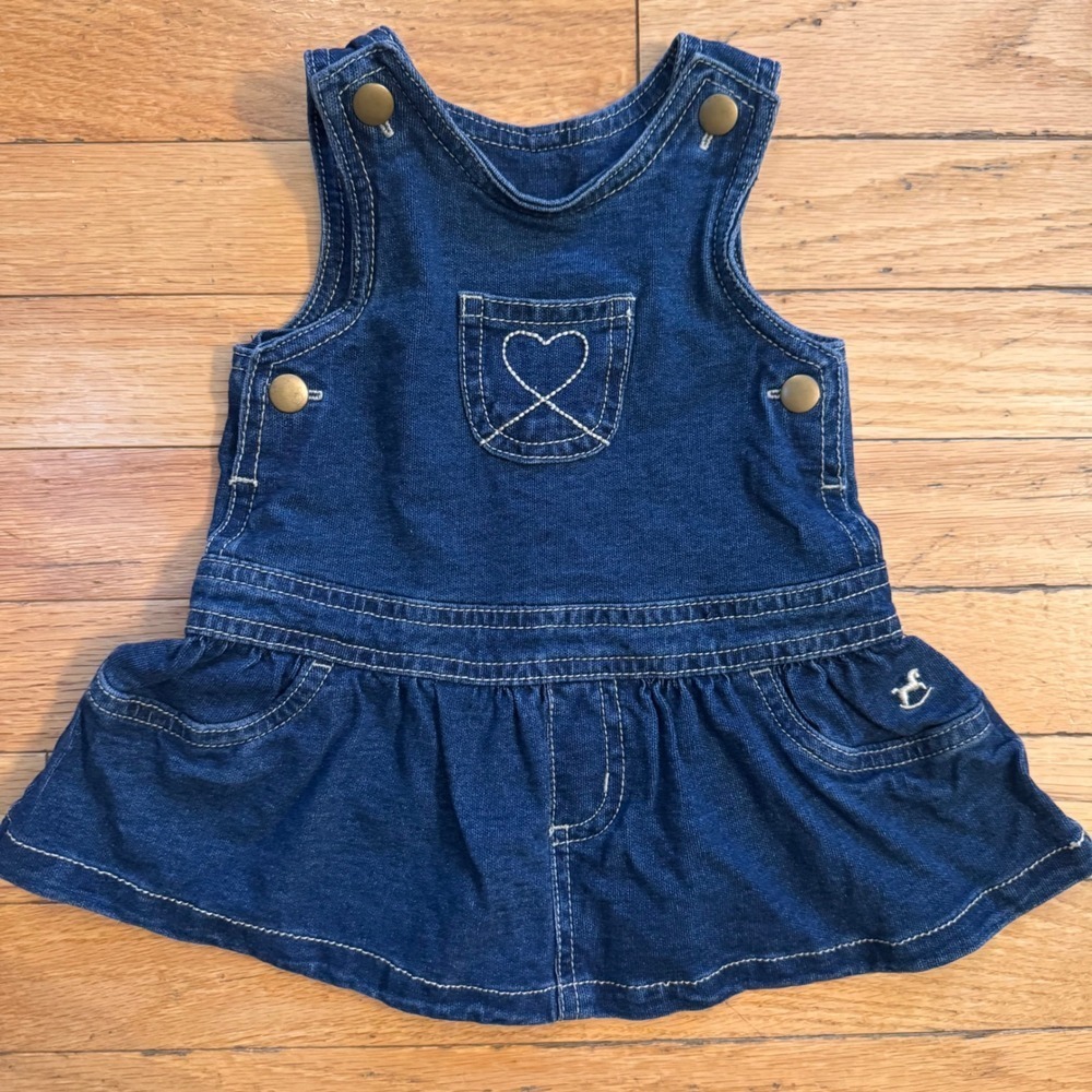Faded Glory Baby Girls Denim‎ Jumper Dress Heart Rocking Horse Blue 3-6M